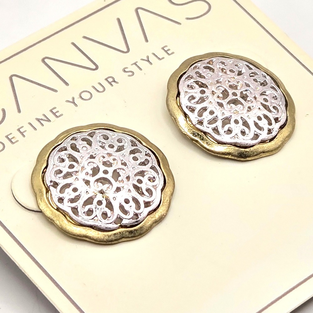 Canvas Two Tone Gold Silver Filigree Scalloped Stud Earrings Pierced Post 0.75"